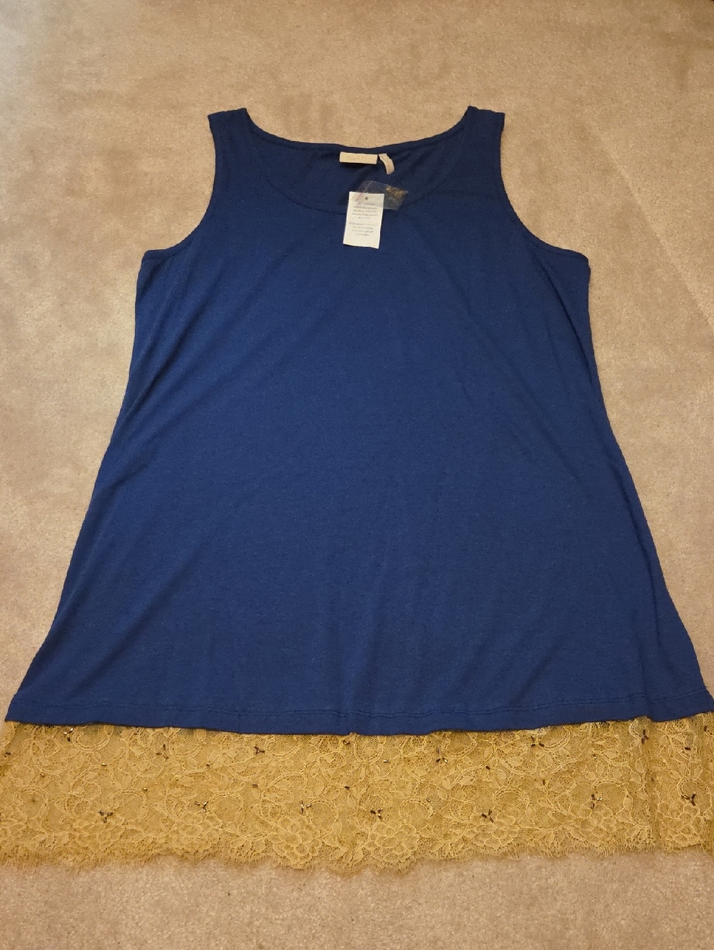 LOGO LAVISH Navy Blue Tank with Gold Lace Hem